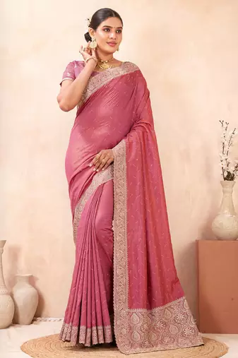 pink zari embroidered siroski stone work two tone silk blend saree sari