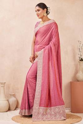 pink zari embroidered siroski stone work two tone silk blend saree sari 4