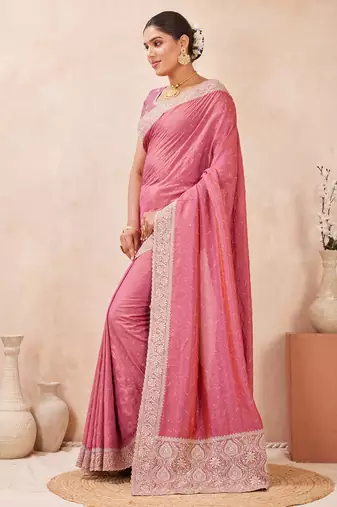 pink zari embroidered siroski stone work two tone silk blend saree sari