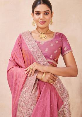 pink zari embroidered siroski stone work two tone silk blend saree sari 5