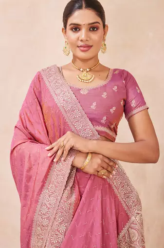 pink zari embroidered siroski stone work two tone silk blend saree sari