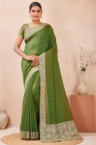 green zari embroidered siroski stone work two tone silk blend saree sari