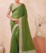 green zari embroidered siroski stone work two tone silk blend saree sari