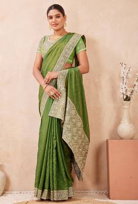 green zari embroidered siroski stone work two tone silk blend saree sari 2