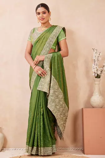 green zari embroidered siroski stone work two tone silk blend saree sari