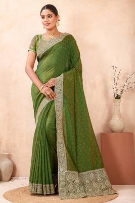 green zari embroidered siroski stone work two tone silk blend saree sari 3