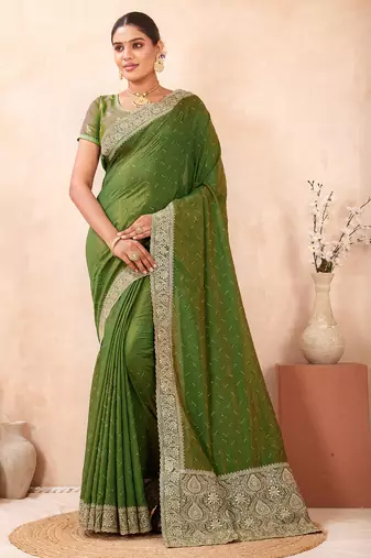 green zari embroidered siroski stone work two tone silk blend saree sari