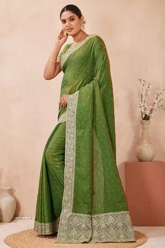 green zari embroidered siroski stone work two tone silk blend saree sari
