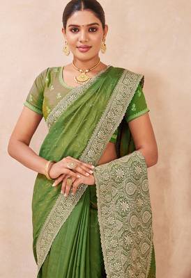 green zari embroidered siroski stone work two tone silk blend saree sari 5
