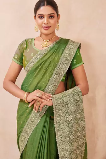 green zari embroidered siroski stone work two tone silk blend saree sari