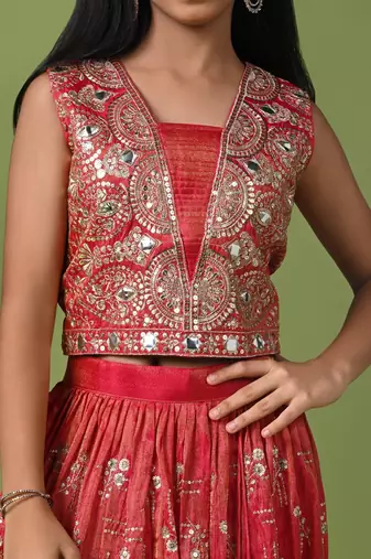 pink faux art silk lehenga choli with embroidery