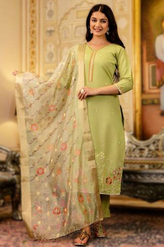 Parrot green viscose embroidered kurta jacquard organza dupatta