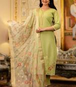 parrot green viscose embroidered kurta jacquard organza dupatta