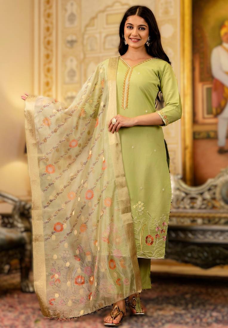 Parrot green viscose embroidered kurta jacquard organza dupatta