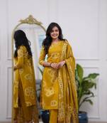 mustard chanderi embroidered kurta bottom printed dupatta