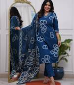 navy blue chanderi embroidered kurta bottom printed dupatta