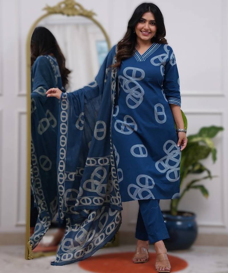 Navy blue chanderi embroidered kurta bottom printed dupatta