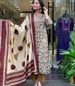 cream cotton printed flared kurta mul cotton dupatta