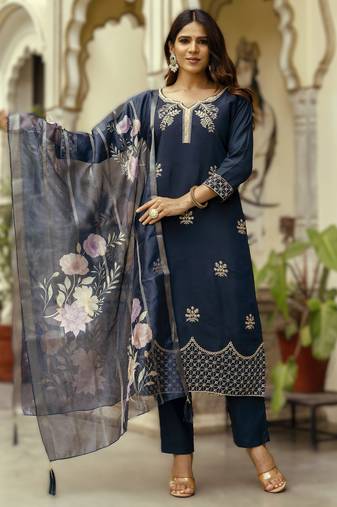 Navy blue viscose embroidered kurta printed organza dupatta