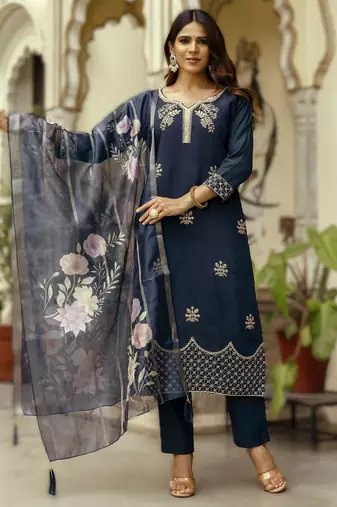 Navy blue viscose embroidered kurta printed organza dupatta