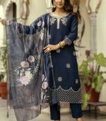 navy blue viscose embroidered kurta printed organza dupatta