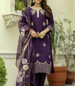 purple viscose embroidered kurta printed organza dupatta