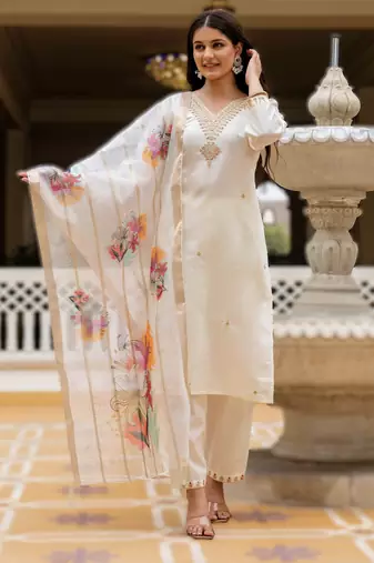 White viscose embroidered kurta jacquard organza dupatta
