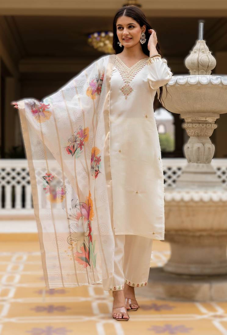 White viscose embroidered kurta jacquard organza dupatta