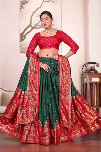 Green patola print dola silk semi stitched lehenga choli with tassels