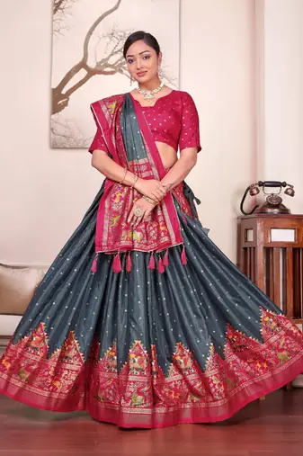 grey patola print dola silk lehenga set with choli and dupatta with tassels