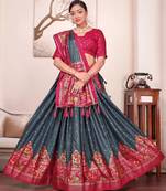 grey patola print dola silk lehenga set with choli and dupatta with tassels