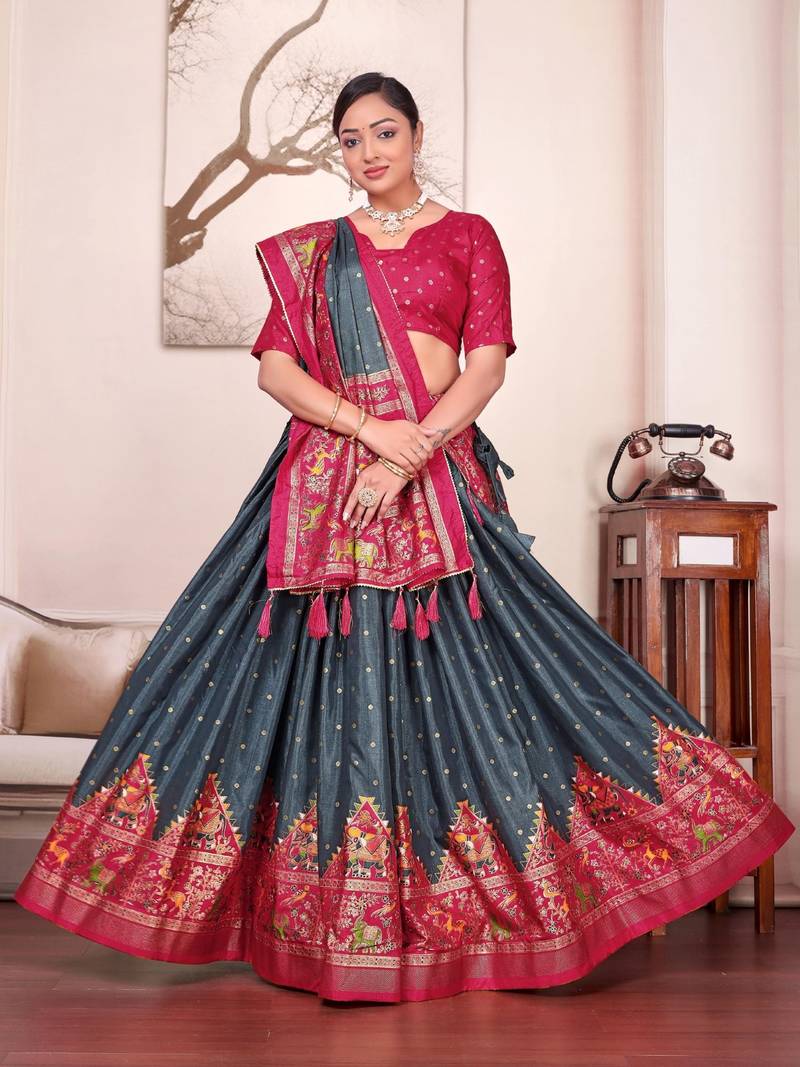 grey patola print dola silk lehenga set with choli and dupatta with tassels