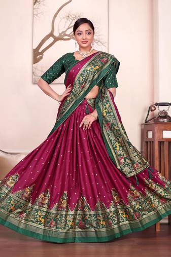 purple patola print dola silk lehenga set with choli and dupatta with tassels