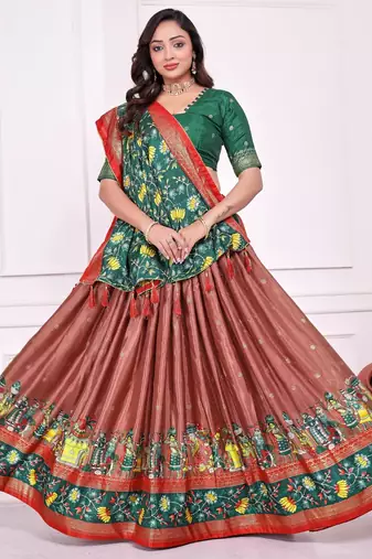 peach patola print dola silk lehenga set with choli and dupatta with tassels