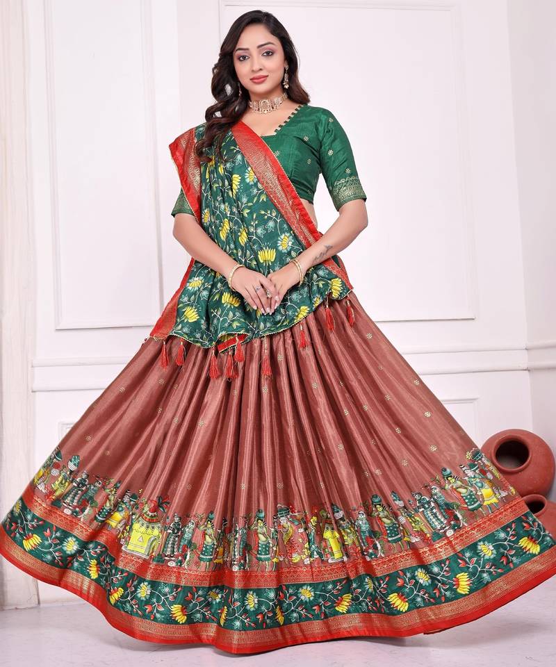 peach patola print dola silk lehenga set with choli and dupatta with tassels