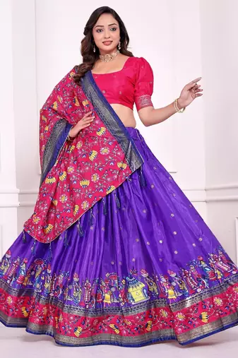 violet patola print dola silk lehenga set with choli and dupatta with tassels