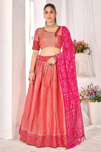 peach weaving work silk lehenga set with choli and dupatta