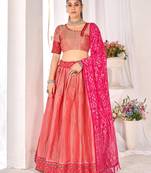 peach weaving work silk lehenga set with choli and dupatta