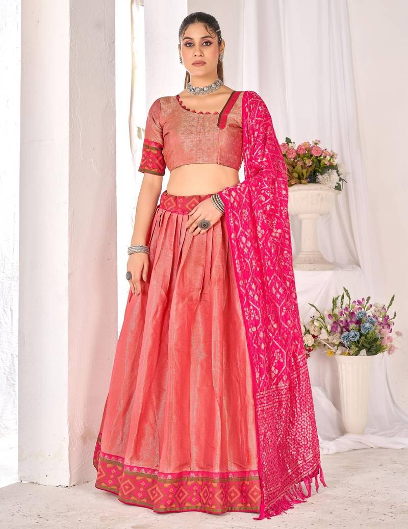 peach weaving work silk lehenga set with choli and dupatta