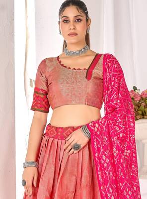 peach weaving work silk blend lehenga set with choli and dupatta 2