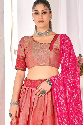 peach weaving work silk lehenga set with choli and dupatta