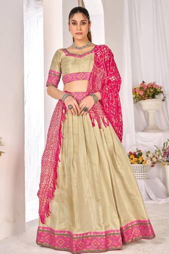 beige weaving work silk lehenga set with choli and dupatta