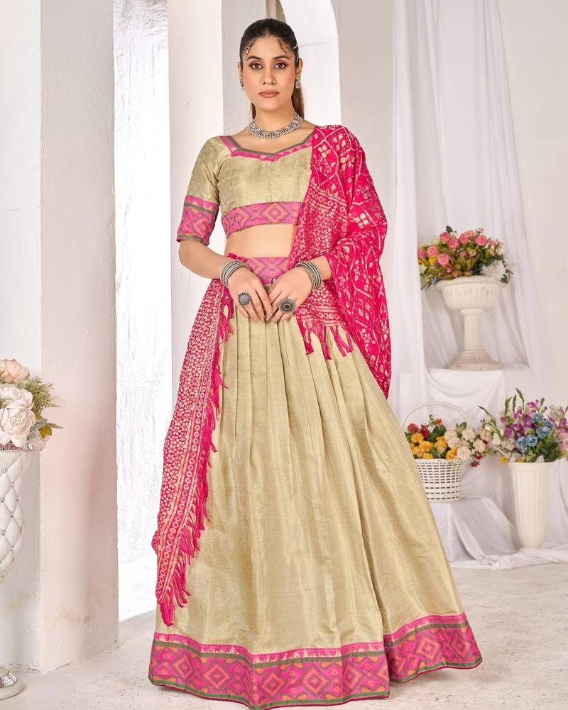 beige weaving work silk lehenga set with choli and dupatta