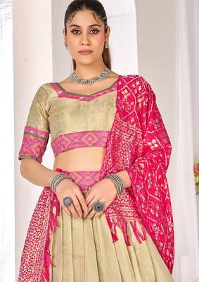 beige weaving work silk blend lehenga set with choli and dupatta 2