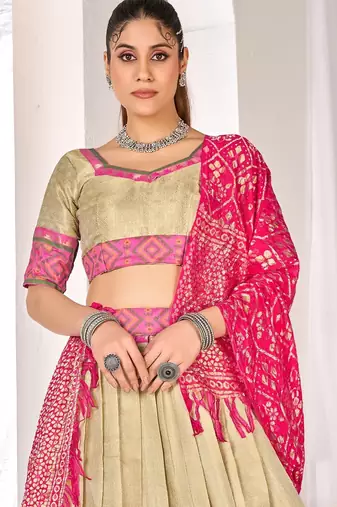 beige weaving work silk lehenga set with choli and dupatta