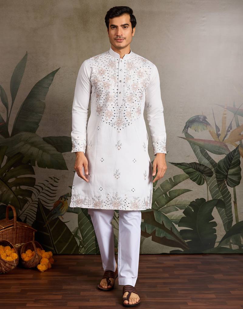 White viscose silk real mirror with thread & sequins embroidered work festival marriage party wear straight mens kurta