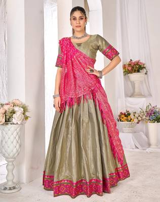 mehendi weaving work silk blend lehenga set with choli and dupatta 1