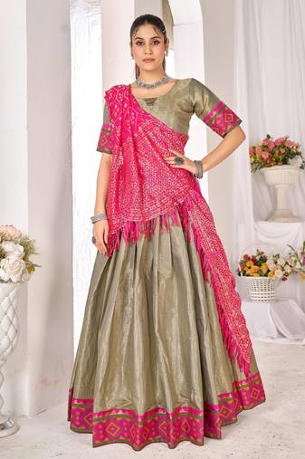 mehendi weaving work silk lehenga set with choli and dupatta