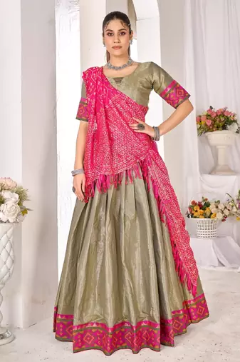 mehendi weaving work silk lehenga set with choli and dupatta