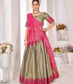 mehendi weaving work silk lehenga set with choli and dupatta